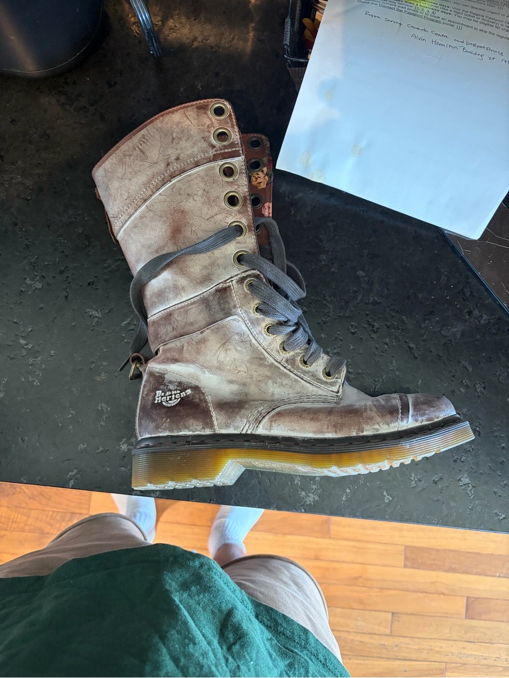 Dr. Martens Distressed Brown Lace-Up Combat Boot with Yellow Welt